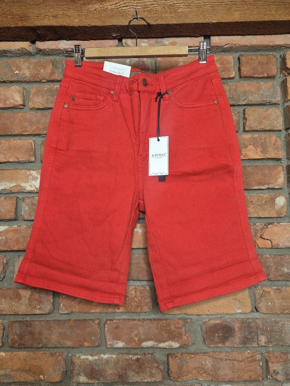 Judy Blue Garment Dyed Bermuda Shorts Coral Red Stretch Denim L NWT